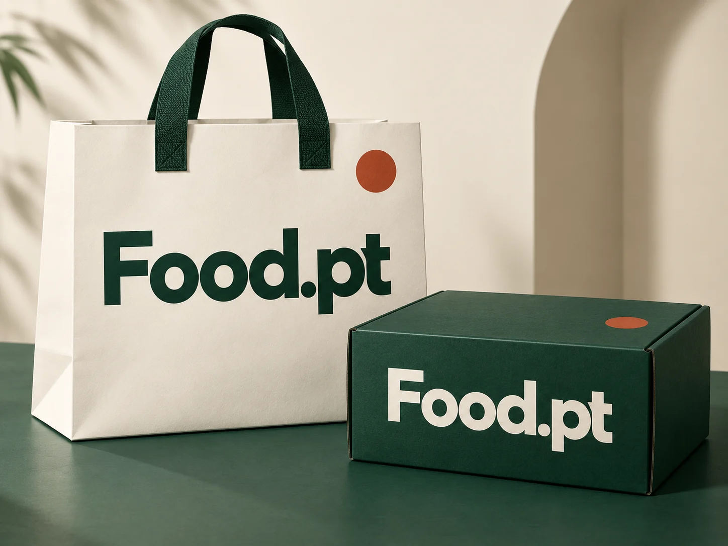 Conceito da marca Food.pt aplicada a um saco e a uma caixa de entrega.