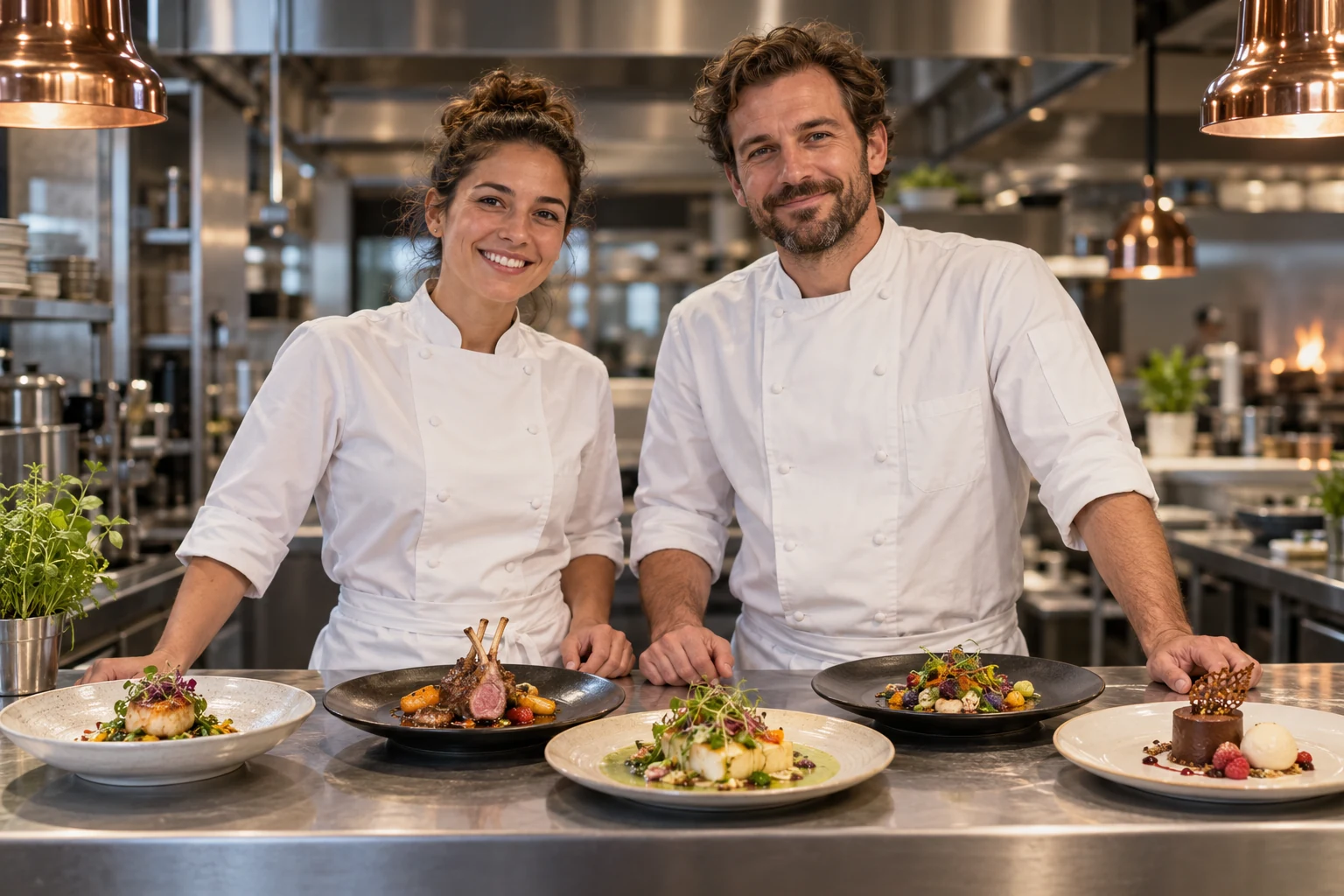 Uma chef e um chef de cozinha sorridentes, com cinco pratos de alta cozinha apresentados à sua frente.