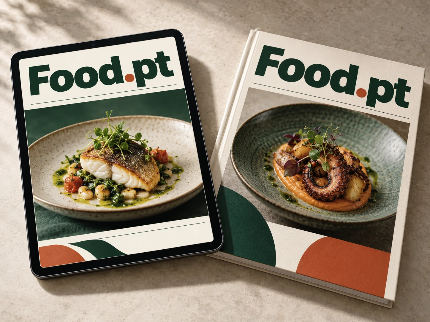 Conceito editorial Food.pt aplicado a um tablet e a uma publicação de gastronomia.