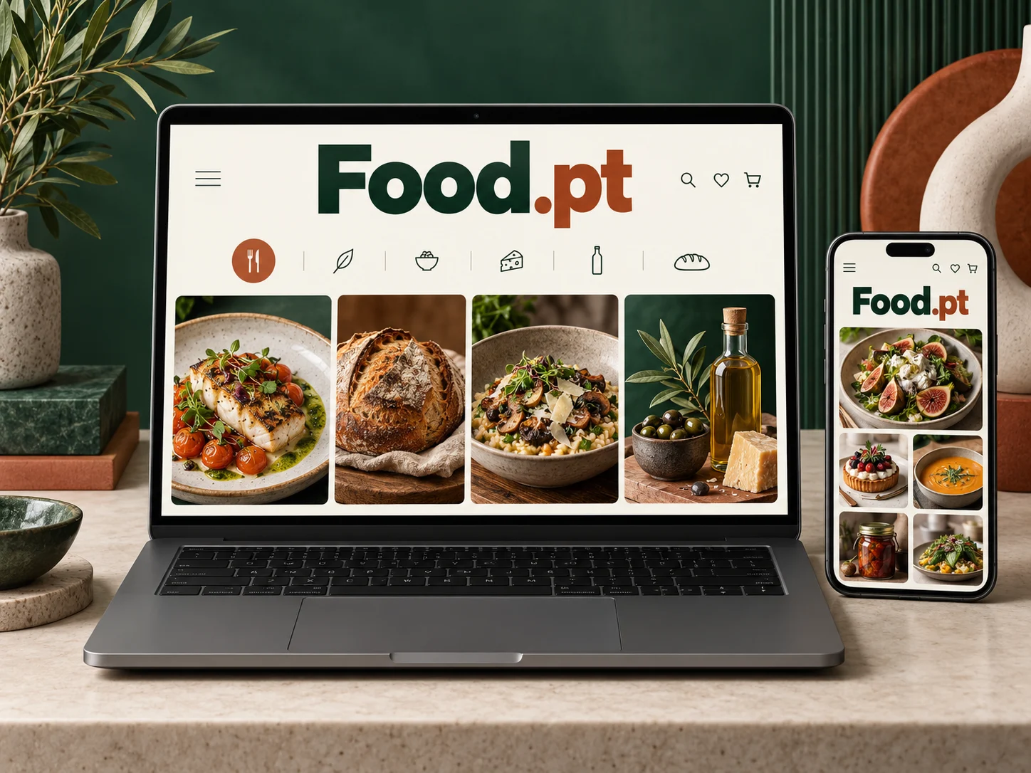 Conceito de plataforma alimentar Food.pt, com a marca num portátil e num telemóvel.